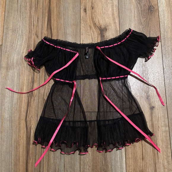 Vintage Y2K 2006 Sheer Pleated Milk Maid Tie Babydoll Black Pink Ribbon - Picture 2 of 6